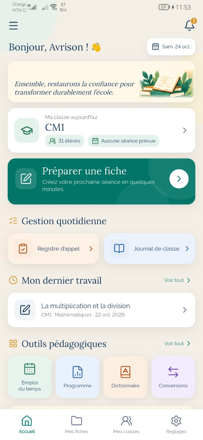 Capture réelle de l’écran d’accueil du Cahier de l’instituteur