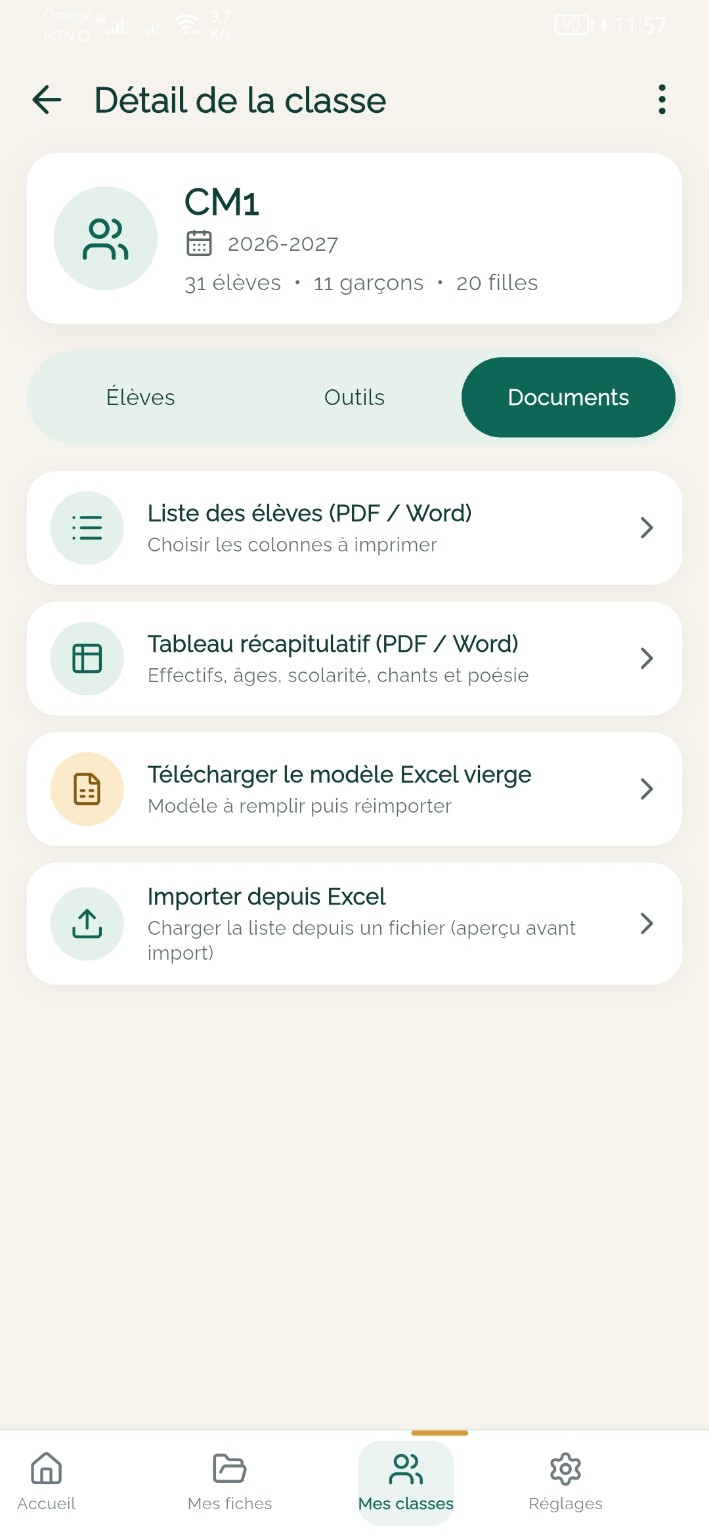 Détail de la classe : documents, listes et import Excel