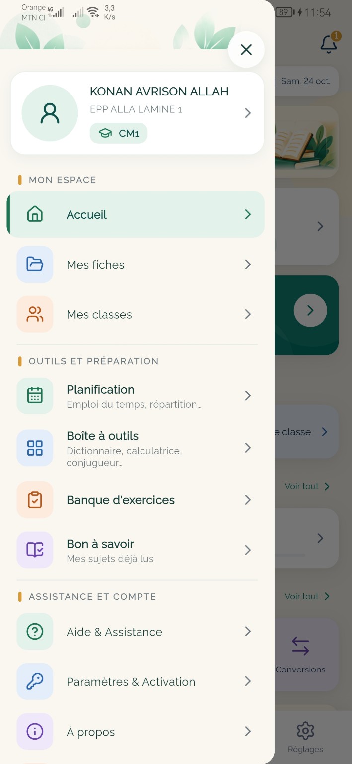 Menu de navigation donnant accès aux principaux outils de l’application