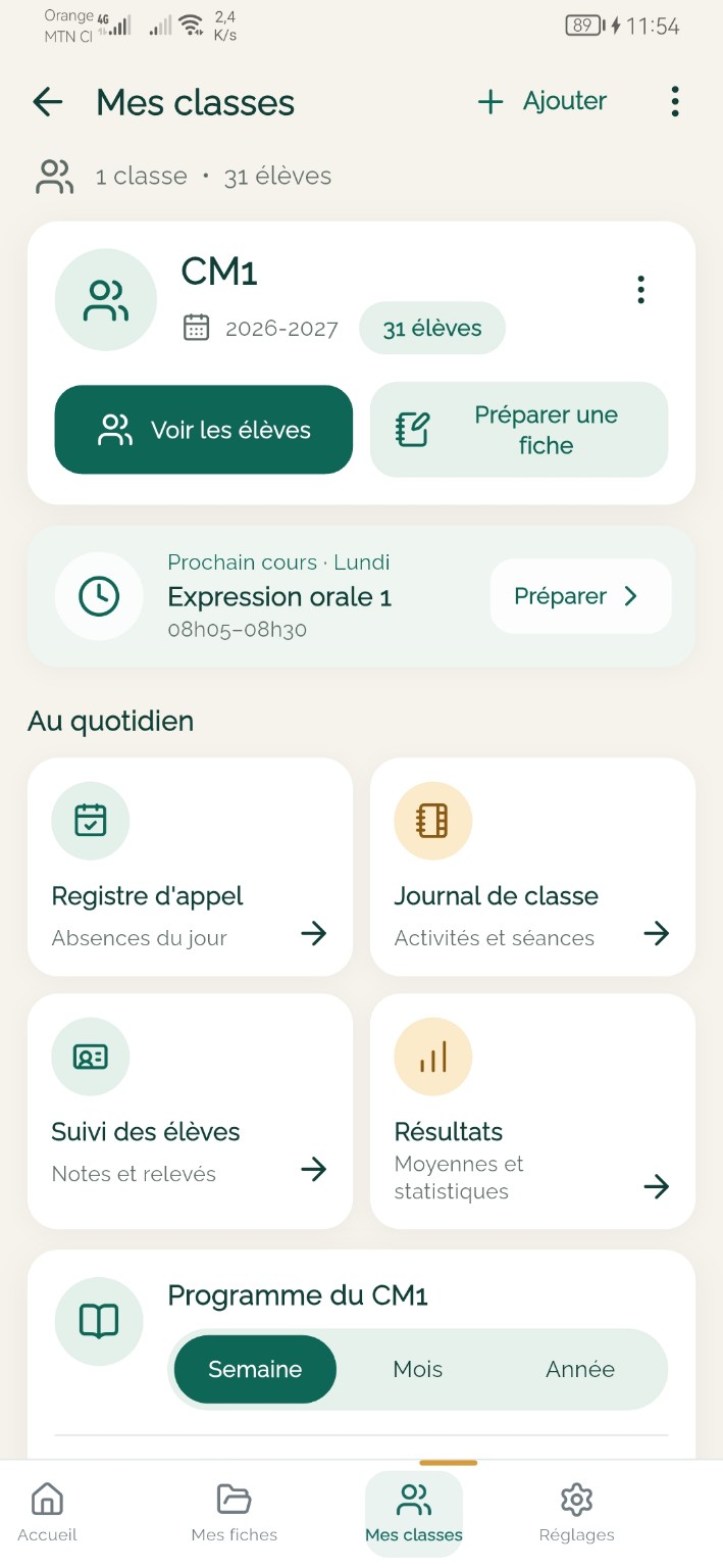Mes classes : élèves, registres, résultats et progression