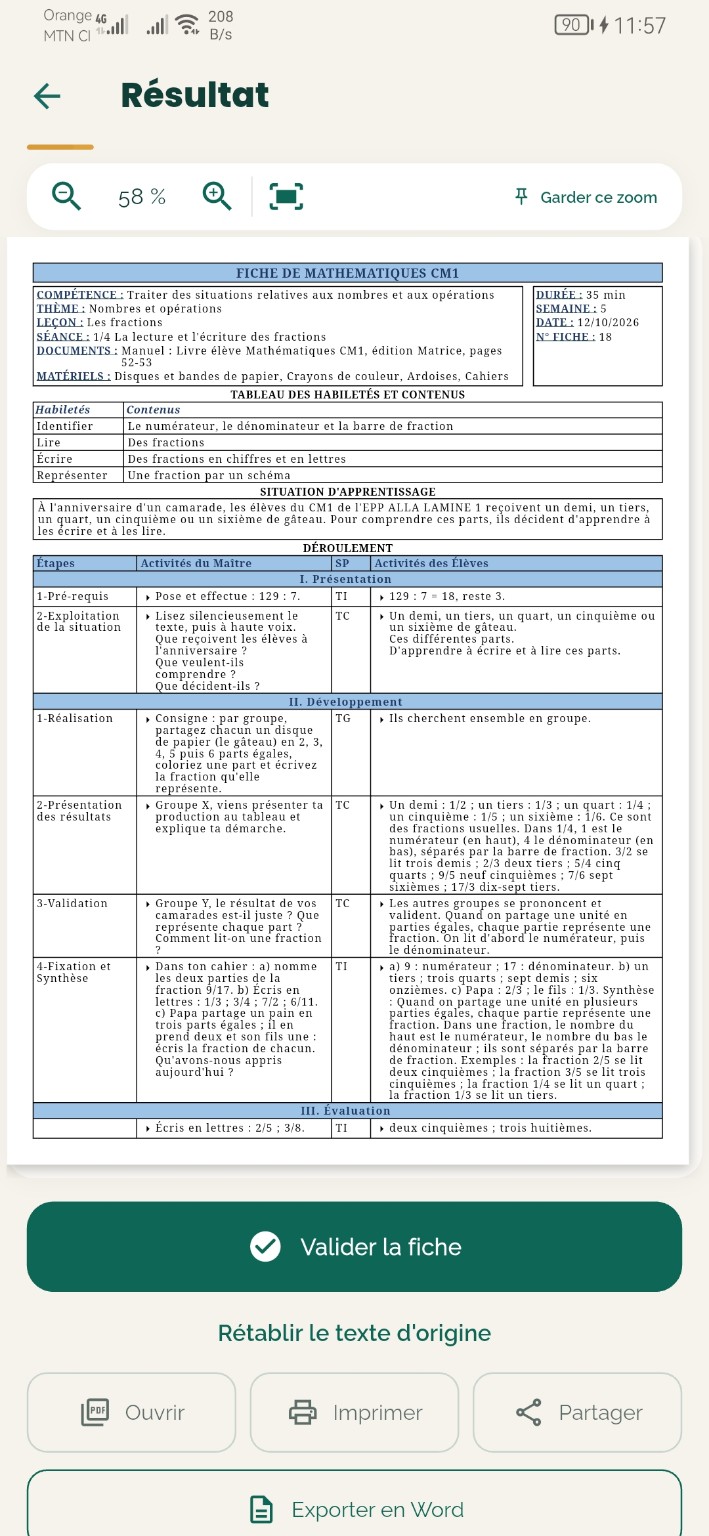 Résultat d’une fiche avec aperçu du document, impression, partage et export Word